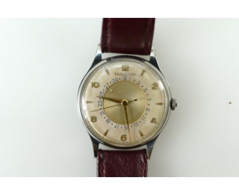 Rare Jaeger Lecoultre 1950's calendar disc/dial stainless steel wristwatch with new leather strap.