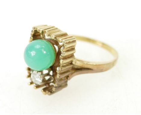 Diamond and jade type gemstone ring, set in yellow coloured metal, tested as 14ct or better. Ring size R. Diamond measures 20