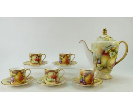 Minton bone china coffee set handpainted with fruit by various artists including C Henderson, B Higham, D Hirst, W R Tipton a