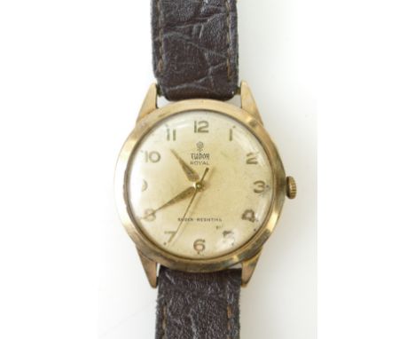 Gentleman's vintage 1950's 9ct gold Tudor Royal shock resistant watch with leather strap, the case back inscribed "Royal Doul
