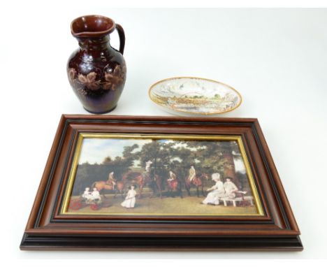 Wedgwood earthenware oval dish handpainted with a boy fishing with inscription to the rear, brown stoneware maskhead jug and 