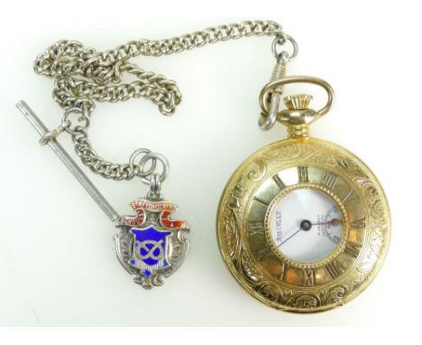 Jean Pierre half hunter gold plated pocket watch with silver plated chain and silver Staffordshire Schools FA enamelled badge