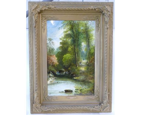 Copeland large tile panel handpainted with a river and woodland scene "The Blackberry Path" by William Yale, tile 50cm x 31cm