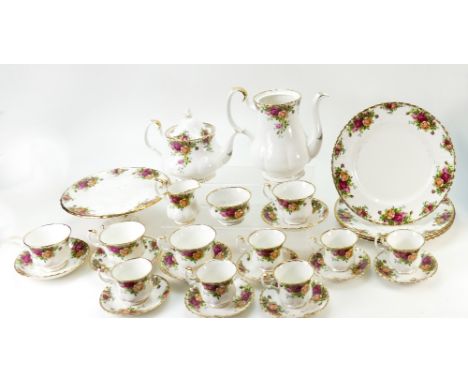 Royal Albert Old Country Rose tea, coffee and dinner ware including dinner plates, coffee pots, tea pot, coffee cans and sauc
