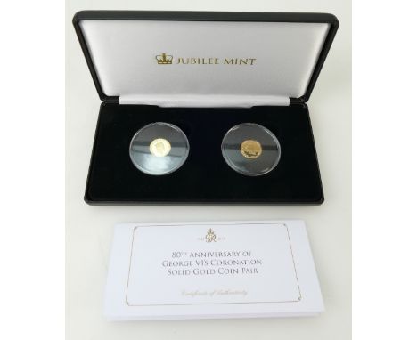 Pair solid gold coins - 80th anniversary of George VI's Coronation - 9ct gold &amp; total weight 2 grams. Box &amp; COA