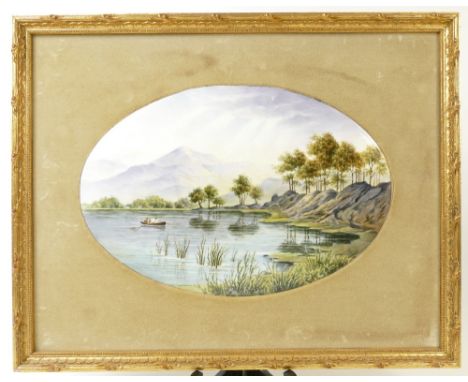 Hereford Fine China oval plaque handpainted with Lake Fishing by M Johnson 1976, length 28cm in gilt frame