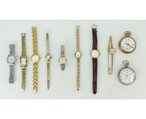 A collection of watches including ladies wristwatches Rotary Elite, Pulsar, Ingersoll gold plated pocket watch and Limit stee