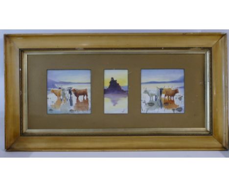 Framed three tile panel handpainted with river and highland cattle scene by Kelsall, in gilt frame 72cm x 38cm (frame needs a
