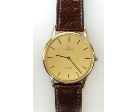 Omega de Ville quartz gents gold plated wrist watch with box &amp; papers. Circa 1987. Not working.  32mm wide, not inc. butt