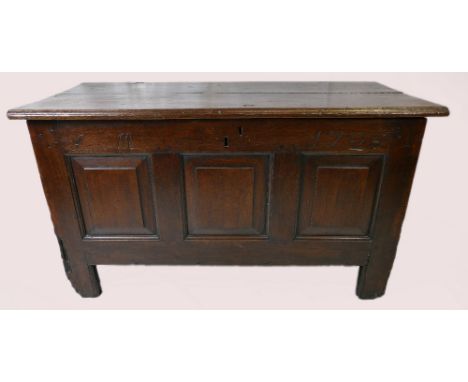 Early 18th Century solid oak triple panelled coffer, marked G M 1725. 110cm width x 50cm depth x 65cm height