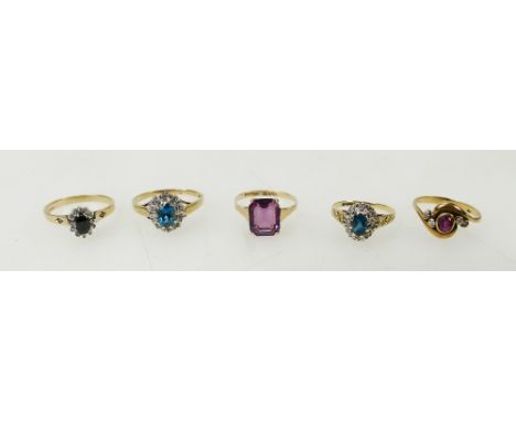 14ct (stamped 585) ruby & white stone ring M, together with 4 x 9ct gold rings, diamond & blue topaz P, similar smaller ring 