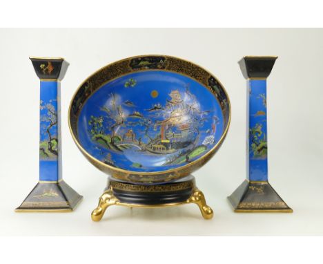 Carltonware footed bowl on stand decorated in the Pagoda design on blue ground with black banding, diameter 25cm and a pair o