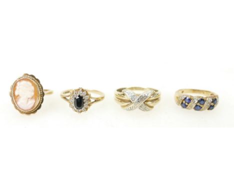 Group of four 9ct gold rings - Diamond (12) & sapphire (6) Size J, Cameo size M, Sapphire & white stone cluster size N, & dia