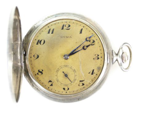 Gents Cyma slimline .800 continental silver cased keyless pocket watch, case with black Nielo enamel decoration.  Winds and t