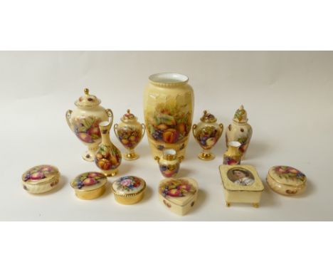 A collection of various Aynsley vase &amp; covers, vases and dishes decorated in the Orchard Gold fruit design, signed by var