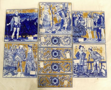A collection 19th century W T Copeland 20 x 20cm tiles with Shakespearian scenes, blue, gold &amp; white colours and similar 