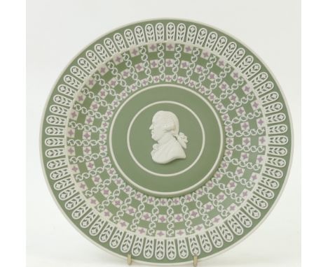 Wedgwood tri colour plate decorated in dice design in lilac, green &amp; white jasper with portrait of Josiah Wedgwood, diame