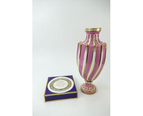 Mintons bicentenary square commemorative plaque and unmarked porcelain large vase decorated in pink and gold (missing cover) 