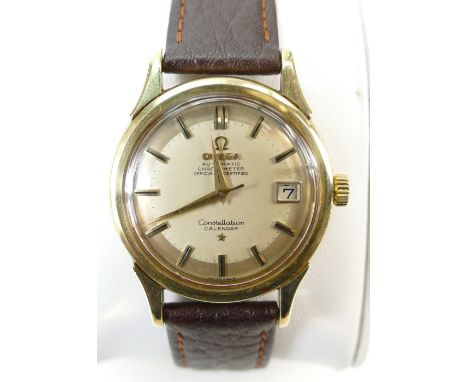 18ct Gold Omega Gentleman's Constellation calendar automatic chronometer wristwatch with new leather strap, inscribed to rear