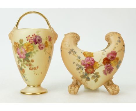 Royal Worcester blush hand painted heart shaped vase 10cm wide, together with posy shaped vase 13cm high (2)