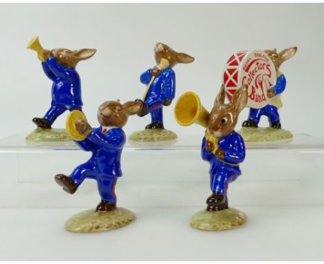 Royal Doulton Bunnykins Blue Band set comprising Drummer DB89, Drum Major DB90, Cymbal DB88, Trumpeter DB87 and Sousaphone DB