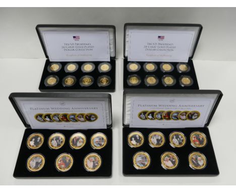 Four sets of gold plated coins - Platinum wedding anniversary seven coin set with box &amp; COA, (2 sets), together with two 