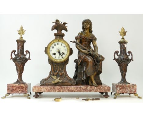 Victorian garniture clock set including lady playing flute (38cm height) 