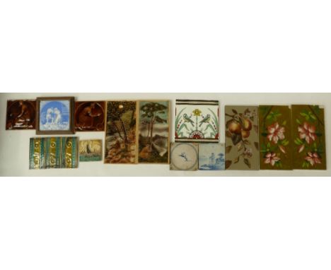 A collection of various 19th and 20th Century tiles including rectangular tile panels decorated with fruit. Minton large bird