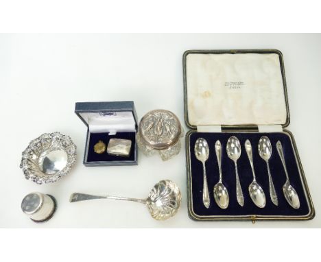 Group of silver hallmarked items - set of six cased spoons (initialled), small dish, 18th Century ladle with shell bowl &amp;