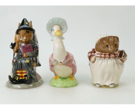 Royal Doulton and Witching Time Bunnykins Toby jug D7166, Beswick Jemima Puddle Duck  and Mrs Tiggy Winkle (gold edition) all