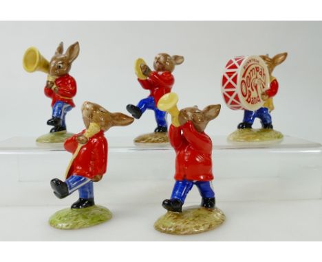 Royal Doulton Bunnykins Figures from the Oompah Band in a Red Colourway comprising Sousaphone DB23, Trumpet DB24, Cymbals DB2