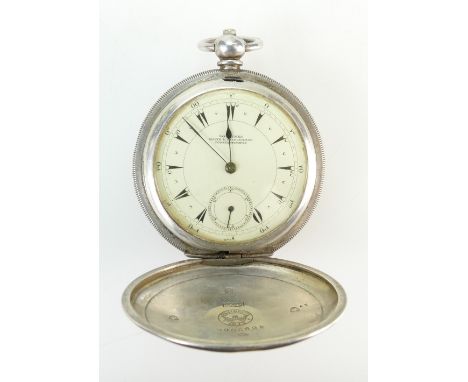 Gents full hunter Longines .800 continental silver cased key wind pocket watch.  Winds and ticks, no key.  51 mm diameter. Ba