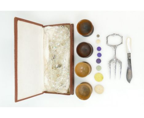 A selection of items to include treen tumblers, silver played ornate fork, collection of ornate crystal necklaces etc