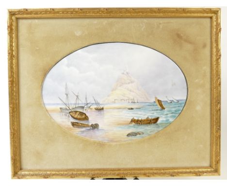 Hereford Fine China oval plaque handpainted with St Micheals Mount by M Johnson 1976, length 28cm in gilt frame
