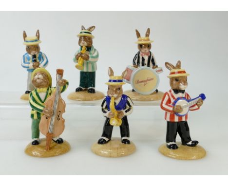 A collection of Royal Doulton Bunnykins figures to include Clarinet Player DB184, Double Bass Player DB185, Saxophone Player 