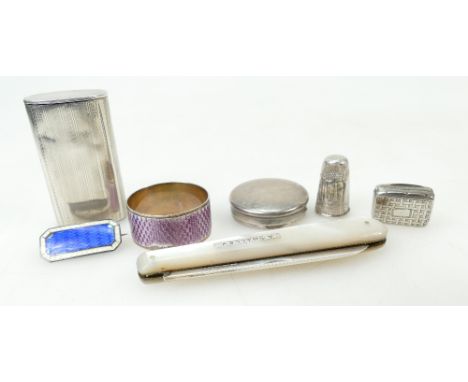 Group of antique silver items including William IV vinaigrette B'ham 1830, guilloche enamel napkin ring & brooch both a/f, Vi