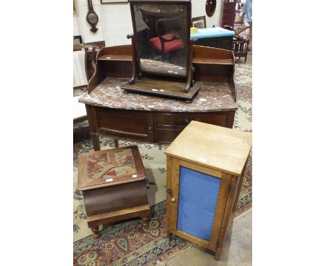 A bow-fronted marble-top wash stand, a mahogany swing dressing table mirror, a commode and other items.