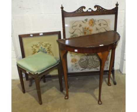 An oak-framed wool-work fire screen, 103cm wide, an upholstered mahogany stool and other items.