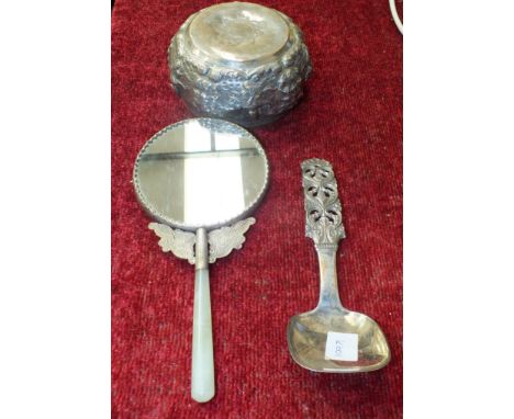 A modern plated white metal Chinese hand mirror with jade-coloured stone handle, a Burmese white metal embossed bowl, 13cm di