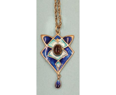An enamel and white metal Art-Nouveau-style pendant on silver chain.