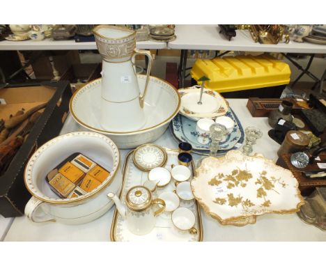 A Royal Doulton ceramic chamber set decorated with gilt and other glass and miscellaneous items.