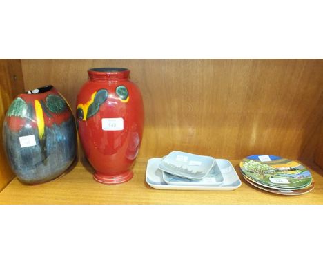 A Poole Pottery studio vase, 23cm high, three Royal Copenhagen shallow dishes and other items.