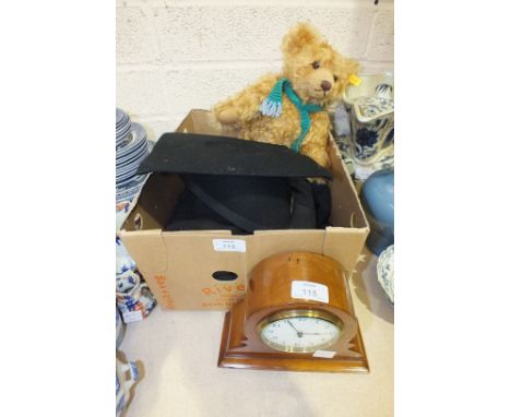 A small Edwardian mahogany mantel clock, (converted to battery), a mortarboard and gown and a modern Steiff bear.