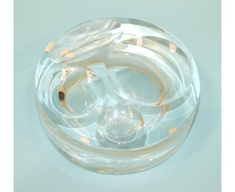 A vintage Baccarat heavy crystal glass sculptural paperweight or desk accessory, 12cm diameter, 3.7cm high, the top with four