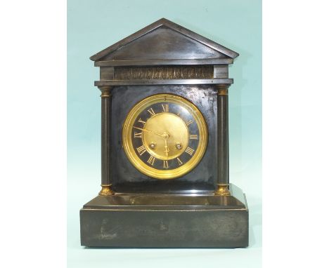 A black marble architectural mantel clock having a French drum gong-striking movement, 32cm high.
