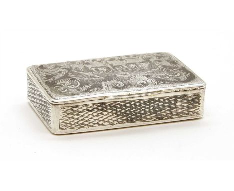 A Russian silver snuff box, late 19th century, of rectangular form, with niello landscape decoration and a gilt interior, Ale