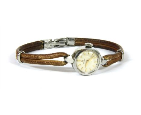 A ladies stainless steel Omega mechanical strap watch, with a silver dial, gold baton hour markers and hands, to leather cord