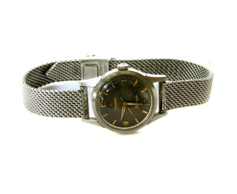A ladies stainless steel automatic Omega Ladymatic watch, with a grey dial, gold baton hour markers and Arabic numerals at th