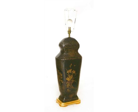 A large Chinese lacquered table lamp, 20th century, of covered urn form decorated with finches and with a large pleated shade