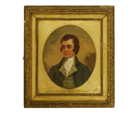 After Alexander Nasmyth PORTRAIT OF ROBERT BURNS (1759-1796), BUST LENGTH, IN A GREEN COAT Oil on canvas, painted oval 35.5 x